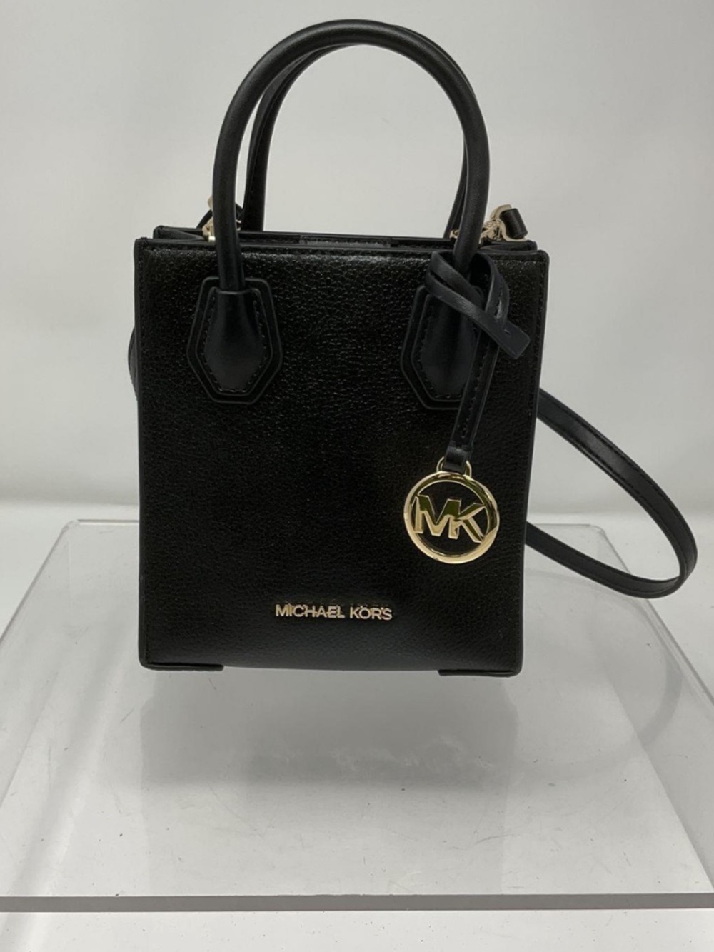 Michael Kors Black Mini Saffiano Crossbody Tote with Gold Logo Charm